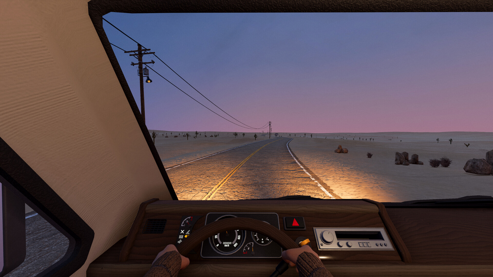 Looking out from an RV cab onto a desert road at dusk in Nomad Drive