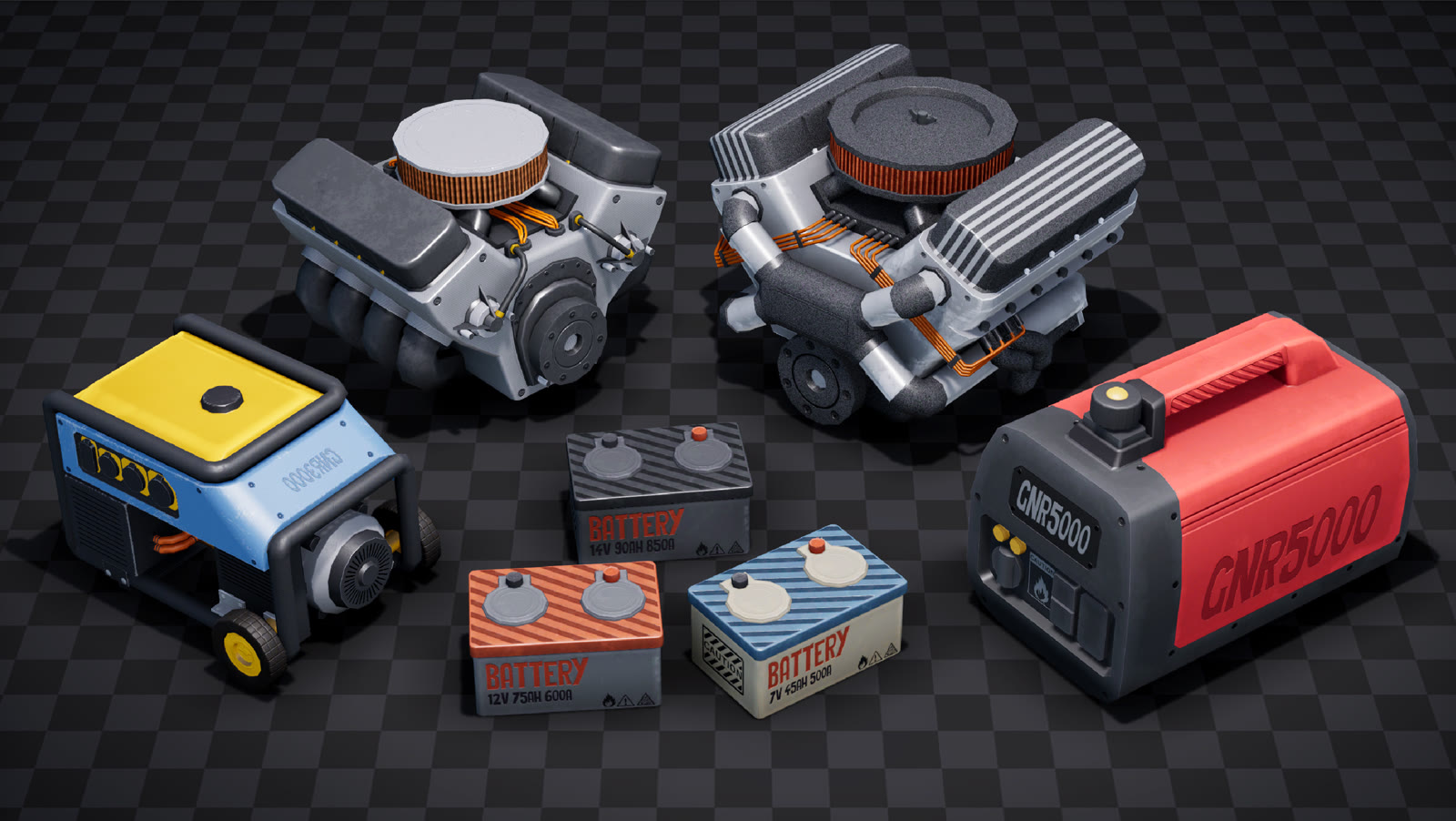 Engines, vehicle batteries and generators displayed as separate mechanical parts.