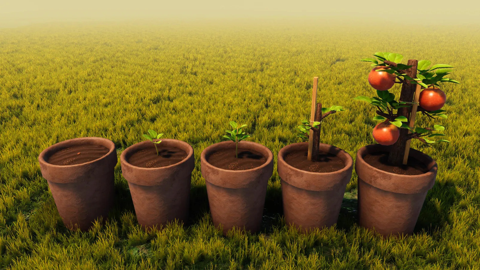 A row of planters showing progression from a pot and small seedling to leafy fruit-bearing growth.
