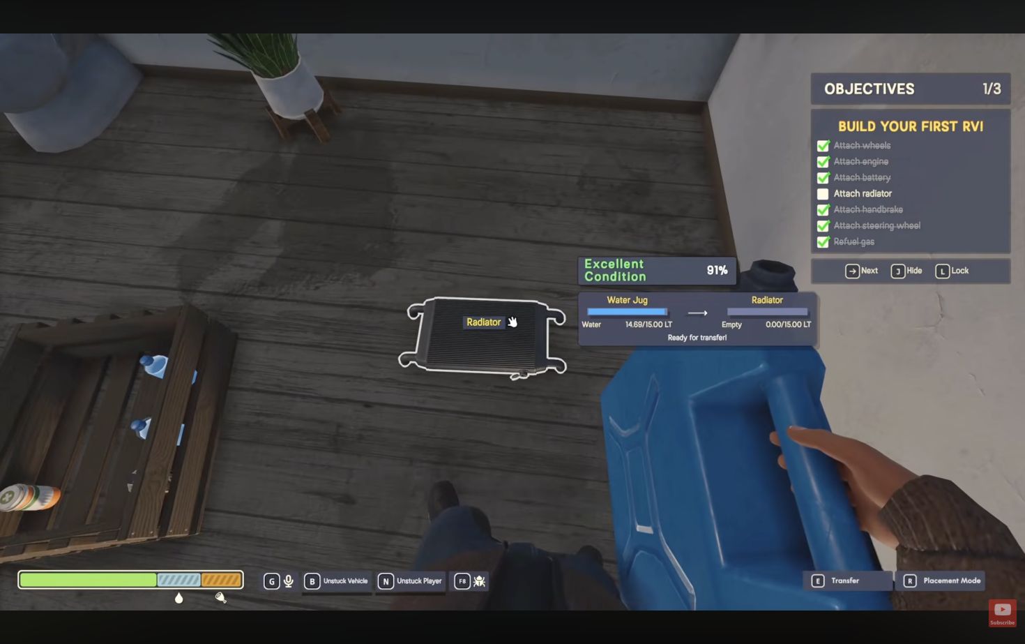 Holding a Water Jug while the Radiator transfer prompt is visible