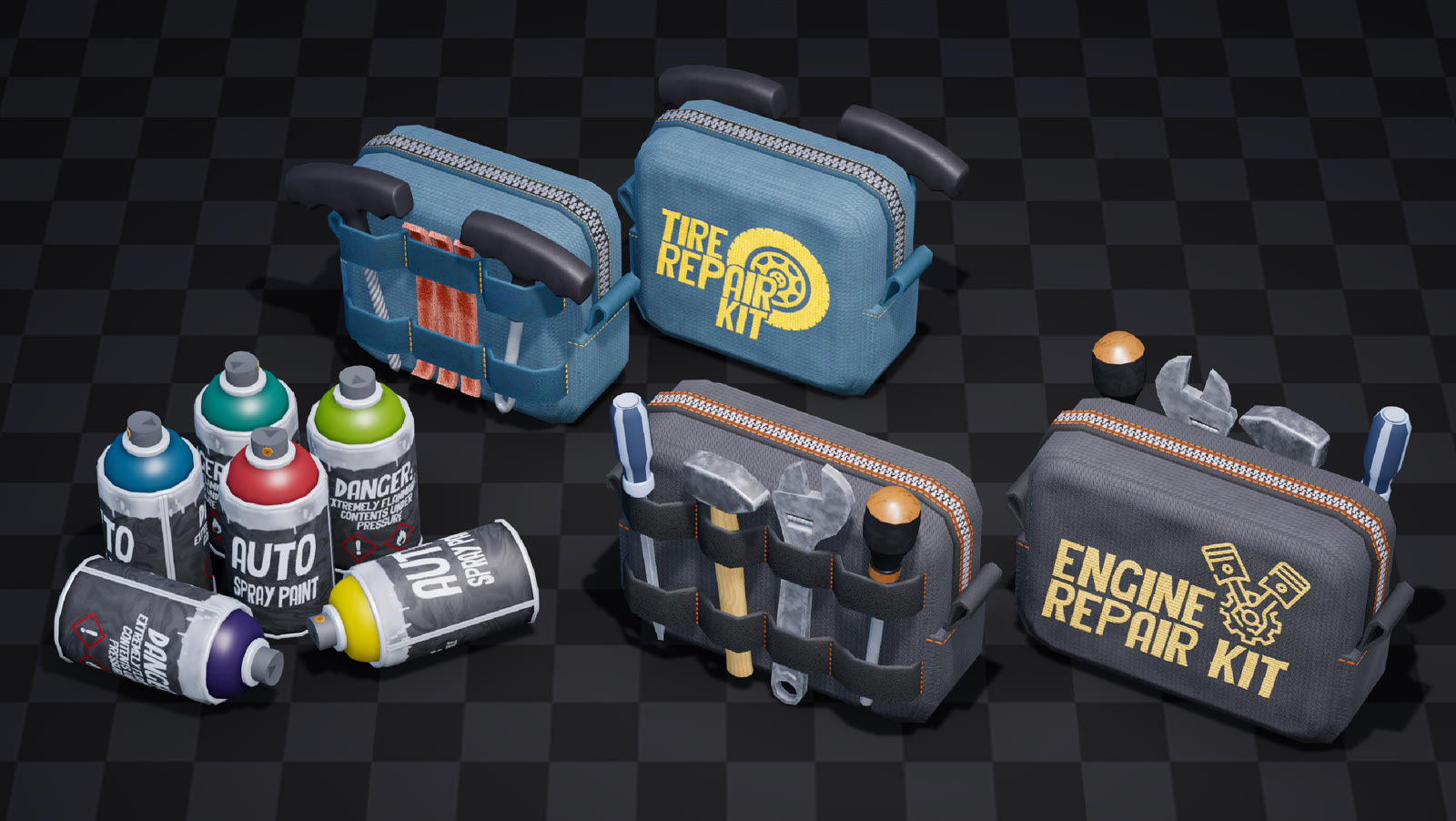 Tire Repair Kit and Engine Repair Kit packages displayed beside spray paints.